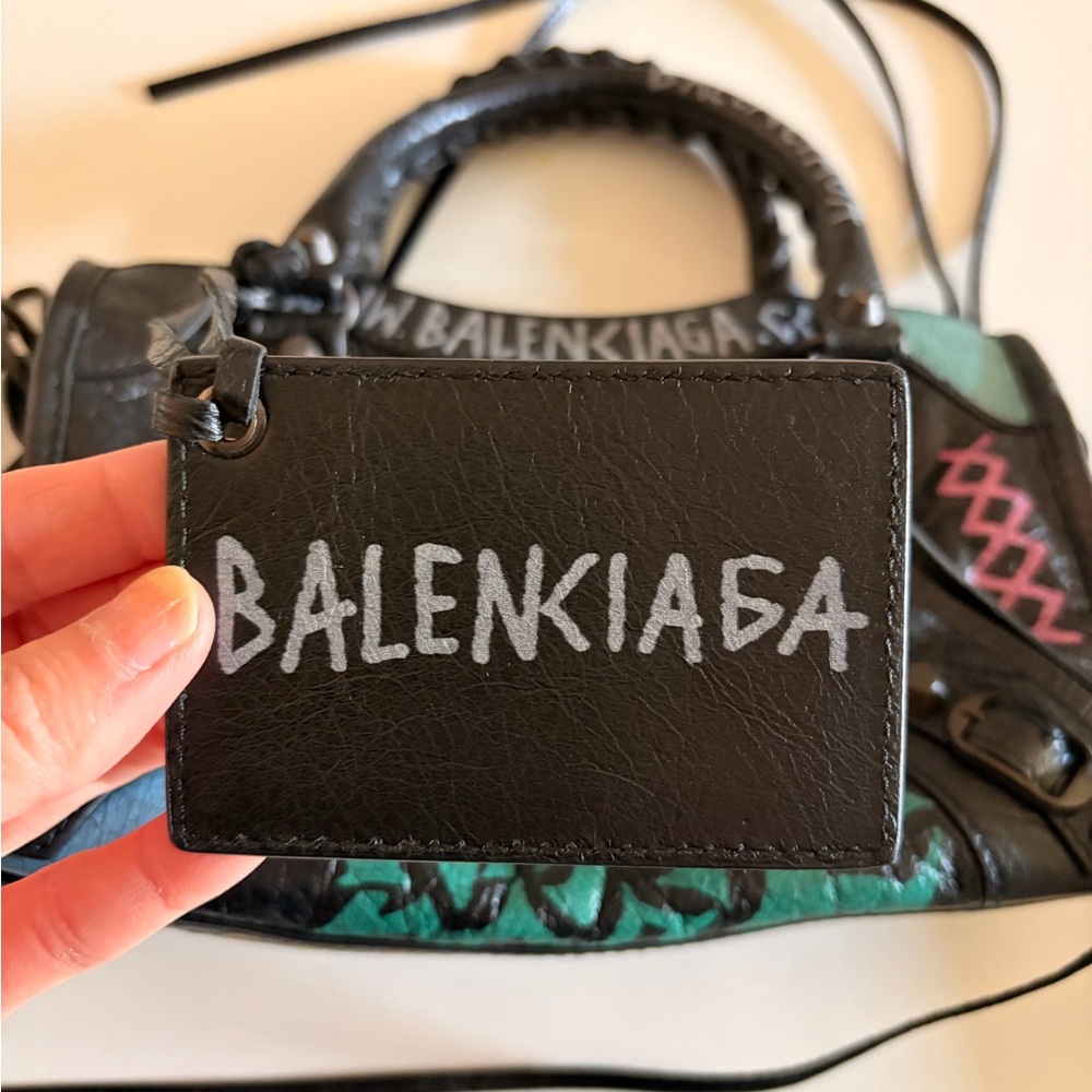 Balenciaga Black Leather Mini City Bag with Multicolor Graffiti - Picture 9 of 11